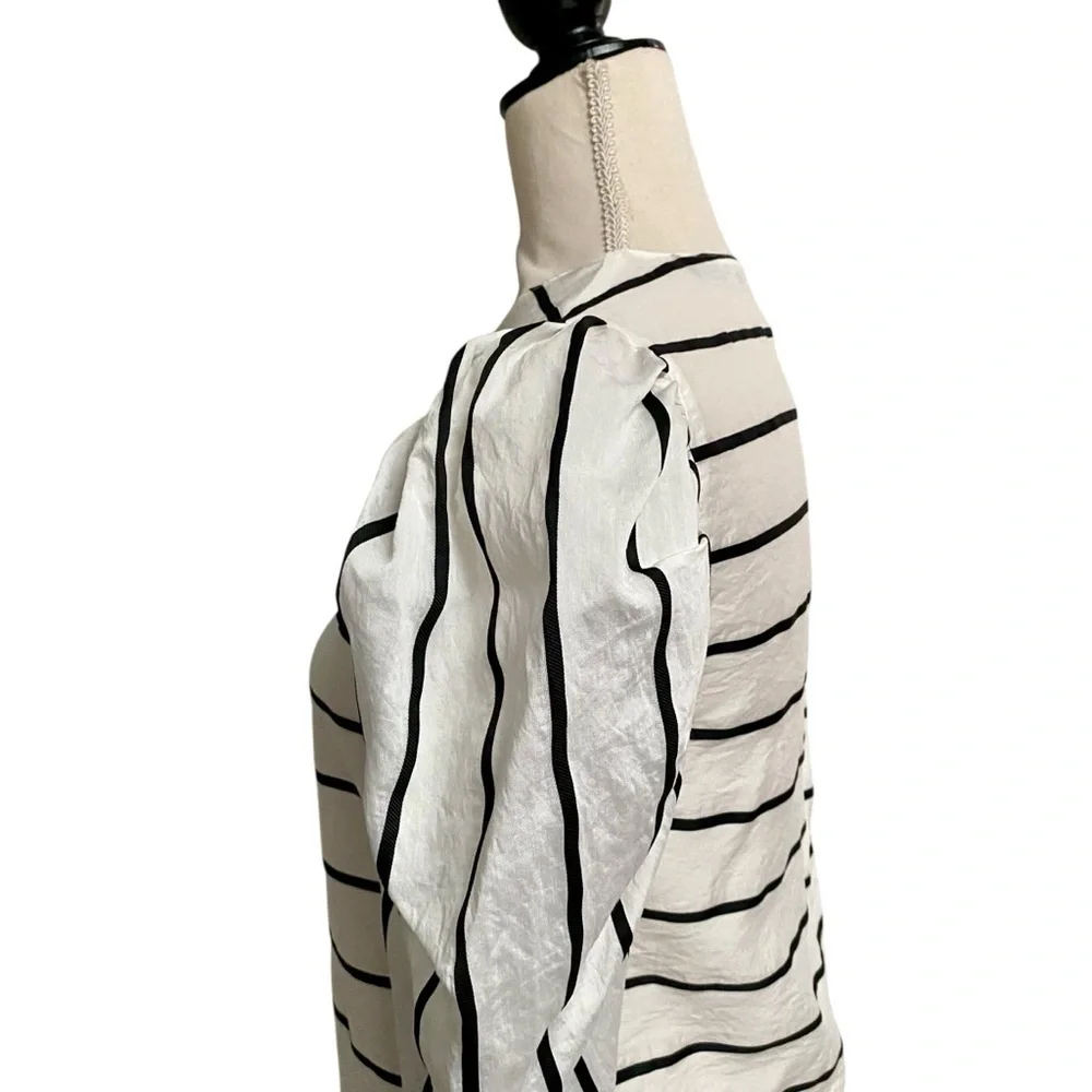 Zara Black White Striped Puff Sleeve Top XS Asymmetric Back